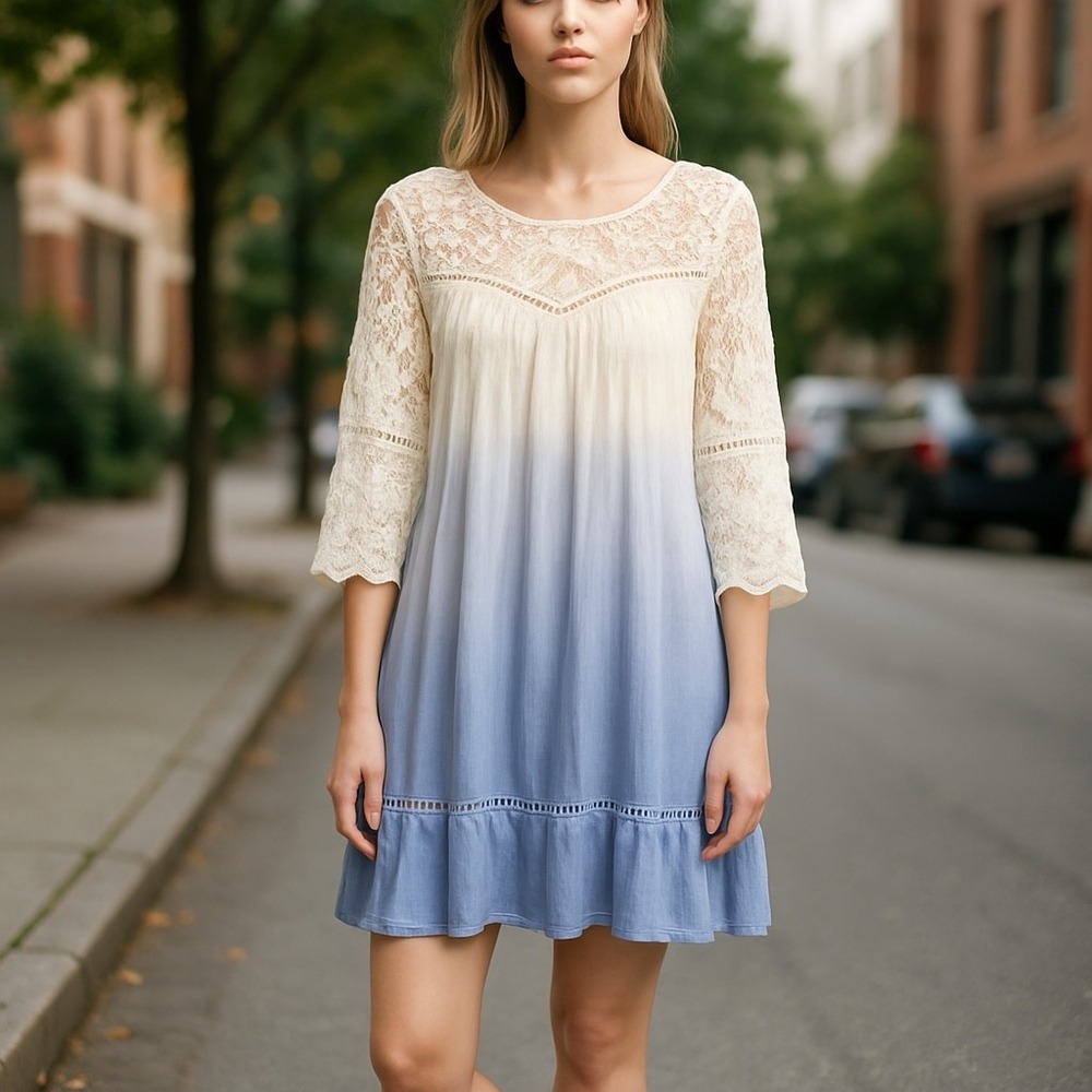Umgee Lace Ombre Dress Bohemian Casual 3/4 Sleeve Tunic Dress Size S